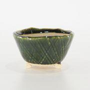 【盆栽鉢】手作り色 織部 丸 足付 3.5号 幅11.5cm×高さ6.5cm