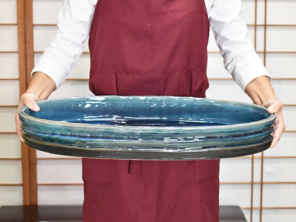 【信楽焼】 ブルーガラス小判水盤20号 幅60cm×奥行き35cm×高さ7.5cm