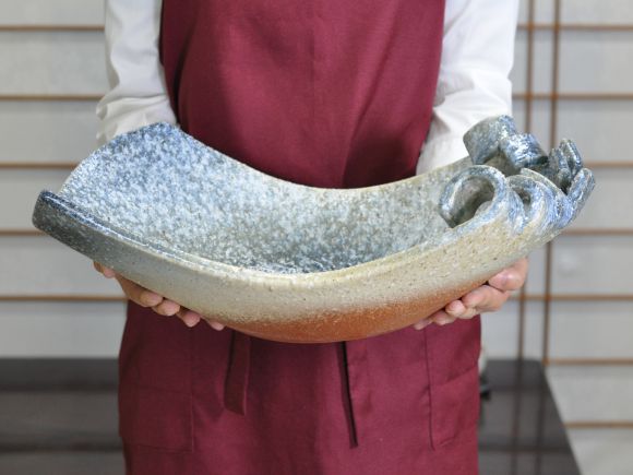 【信楽焼】 青窯変波彫花器14号 幅41cm×奥行き29cm×高さ17cm